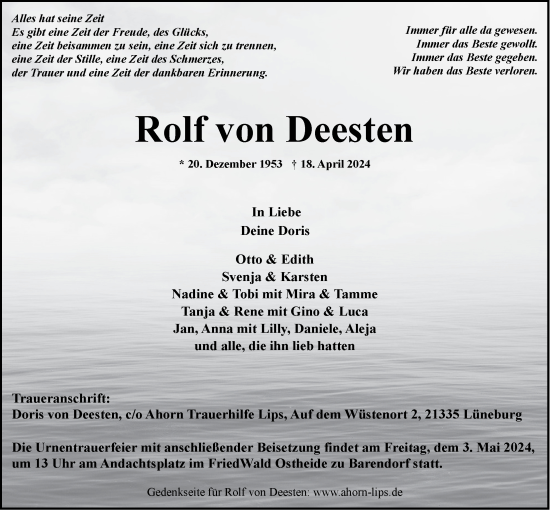 Anzeige von Rolf von Deesten von LZ